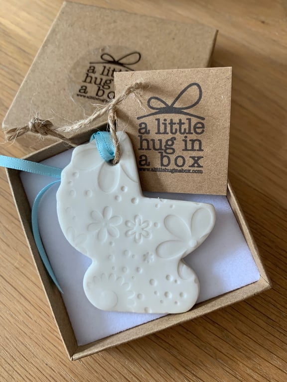 A little hug in a box porcelain embossed blue pram   
