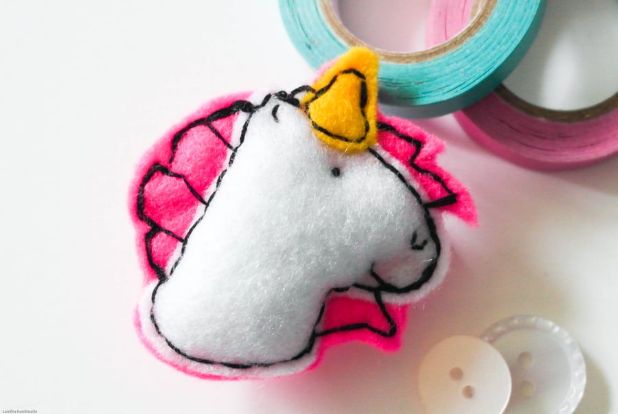Unicorn brooch, Handmade felt pink and white unicorn brooch, Stocking filler 