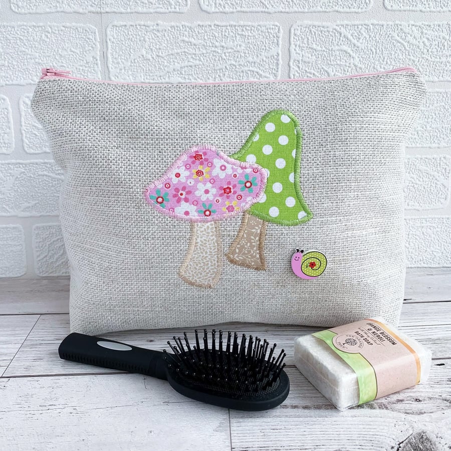 Pink and Green Mushrooms and Snail Toiletry Bag 
