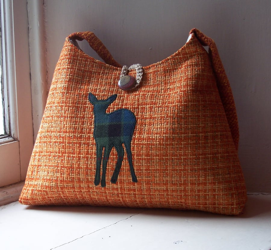 Orange tweed fabric shoulder bag with watchful deer in wool tartan 
