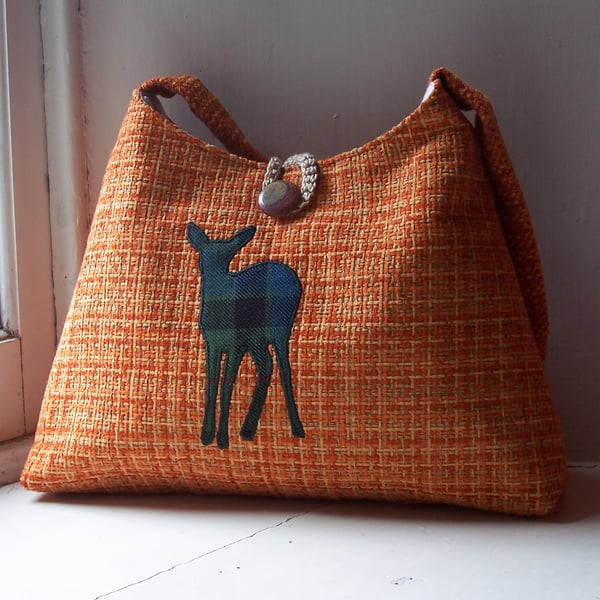 Orange tweed fabric shoulder bag with watchful deer in wool tartan 