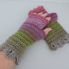 Fingerless Mitts with Dragon Scale Cuffs Pink Grey Green Clover
