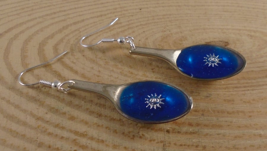 Upcycled Silver Plated Blue Sun Sugar Tong Spoon Earrings SPE032101