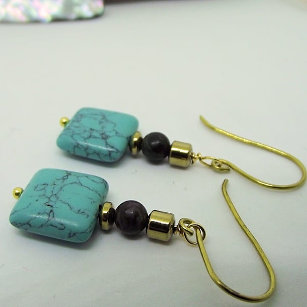 Turquoise howlite square earrings jasper gold haematite handmade gemstone