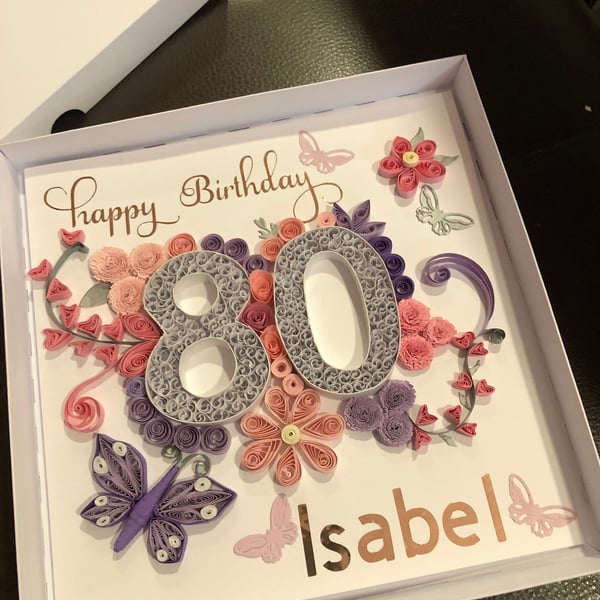Special boxed card, unique and  personalised quilled card