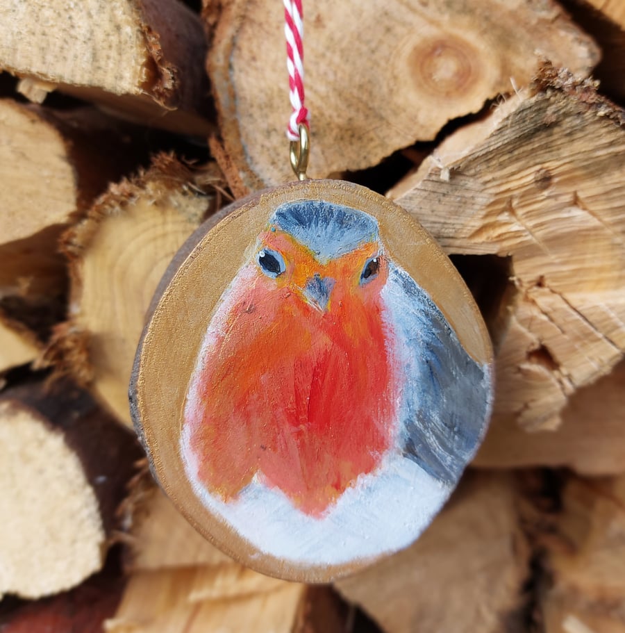 Robin on Wood Slice Decoration, handpainted FREE UK POSTAGE