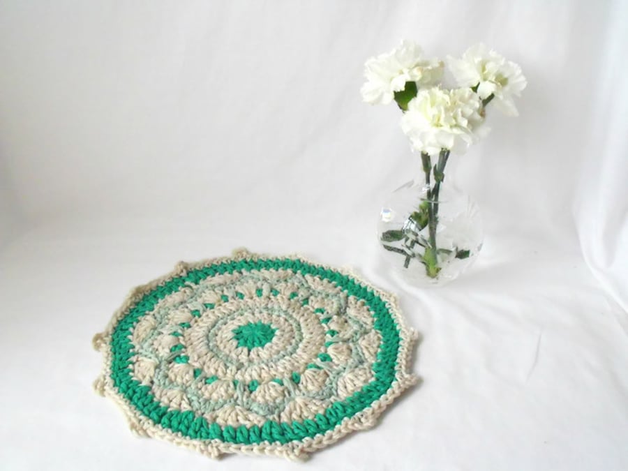 green and cream crocheted cotton doily mandala for your plant, lamp or vase
