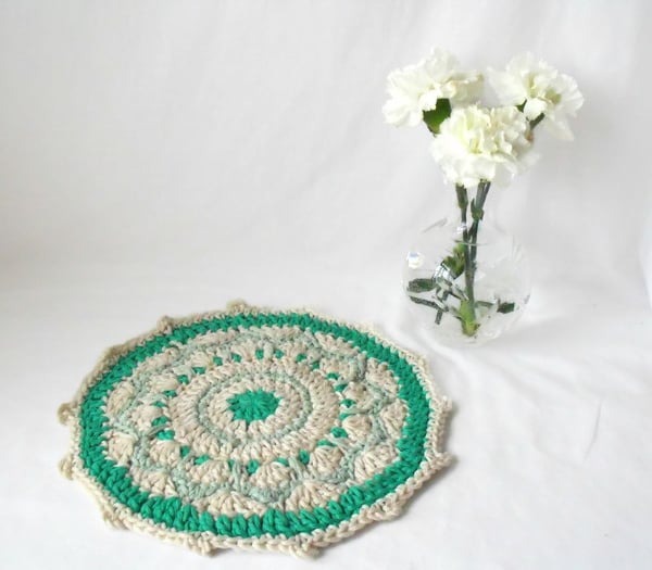 green and cream crocheted cotton doily mandala for your plant, lamp or vase