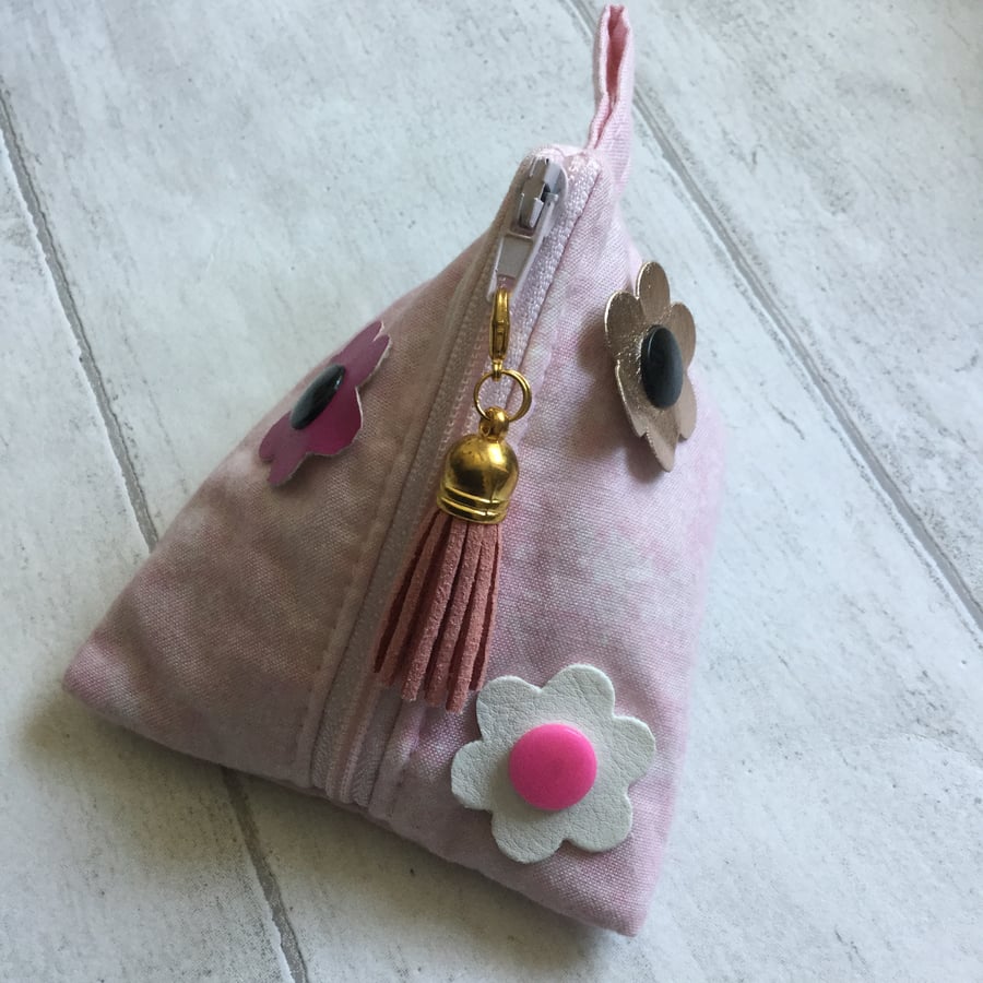 Pink Fabric Pyramid Purse with Interchangeable Flower Embellishment