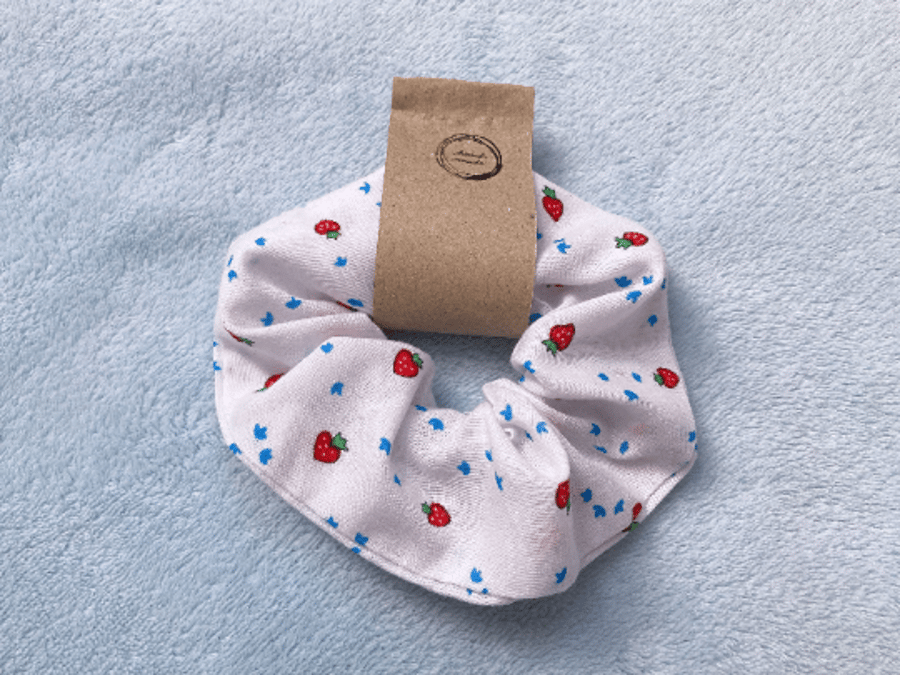 Strawberry hair scrunchy, white pretty ties & elastics, handmade, gift for her