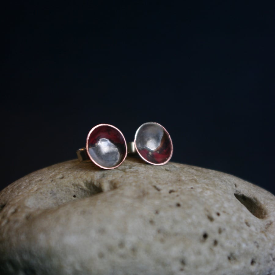 Copper Cup Stud Earrings with Silver Abstract 
