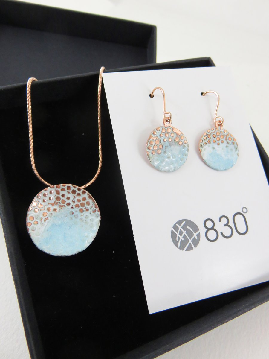 Enamel and Copper Matching Earrings and Pendant Set