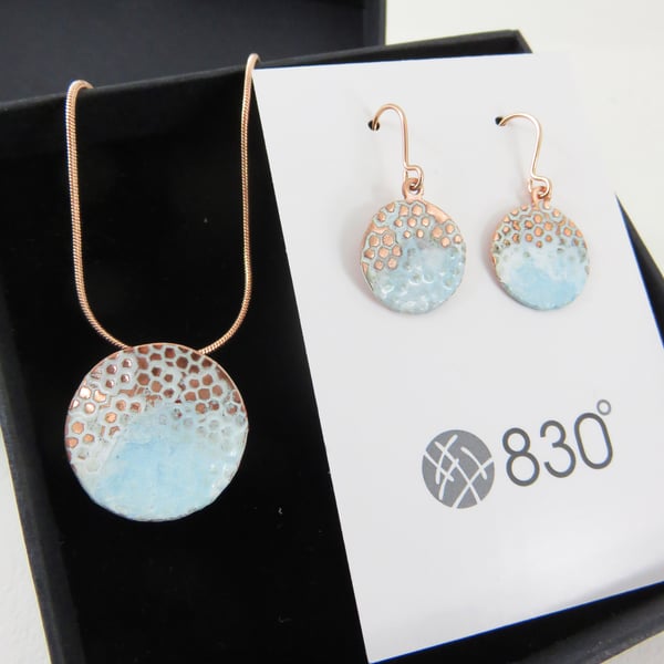 Enamel and Copper Matching Earrings and Pendant Set