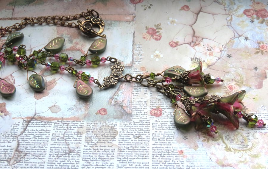 Rose Green Gold "The Lady of Shalott" Hand Painted Lucite Flower Necklace