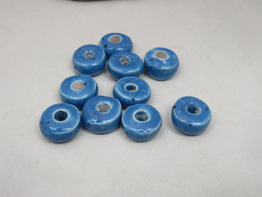 10 Small Cornflower Blue Glazed Ceramic Washer Beads
