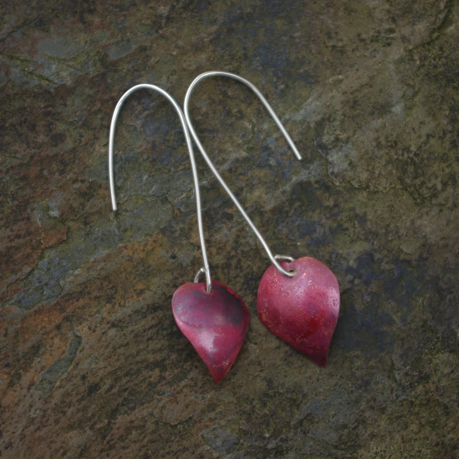 Long Dangle Red Copper Leaf Earrings