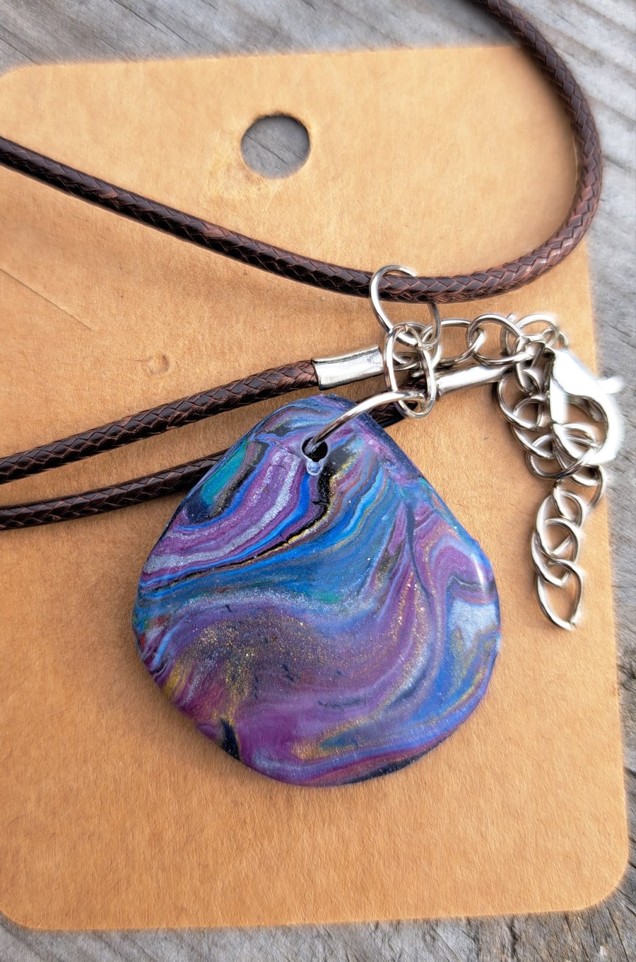 Teardrop multicoloured pendant-reversable, on a rope necklace