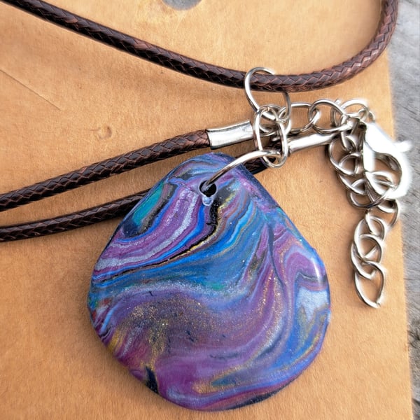 Teardrop multicoloured pendant-reversable, on a rope necklace