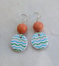 Painted green and blue polymer clay, coral jade and sterling silver earrings - Image 3