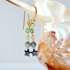 Hematite Star, Swarovski Crystal and Peace Jade Drop Earrings.