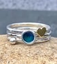 Enamel Stack Ring, rockpool ring, hammered silver stack ring, gold heart ring,  - Image 3