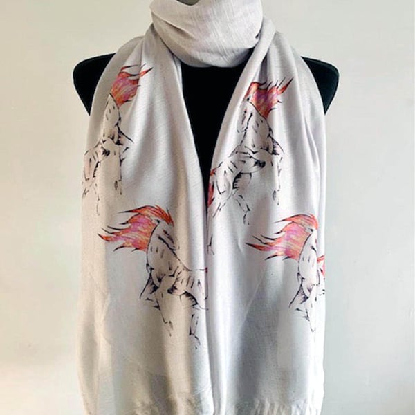 Fire Horse Scarf - Zodiac Gift 2026. Grey. Lightweight