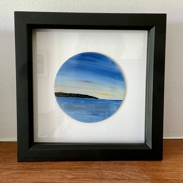 Fused glass hand painted seascape, framed circular panel, No 2