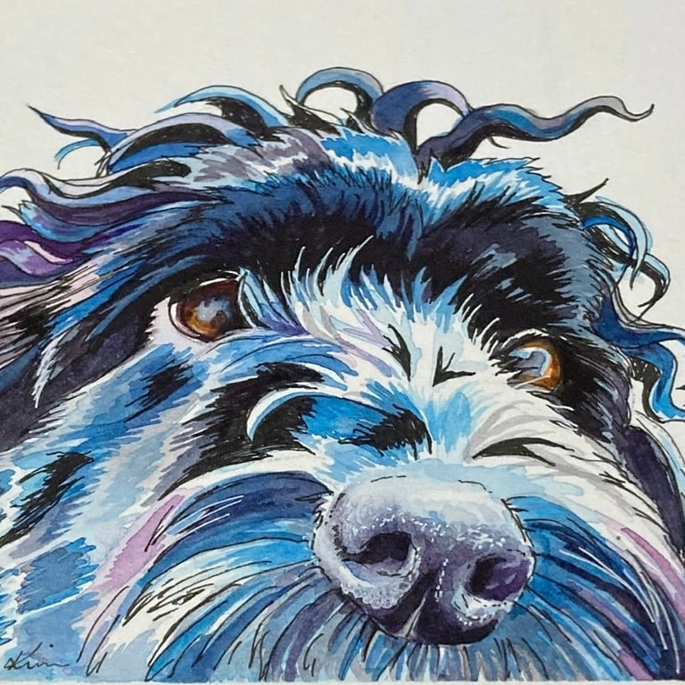 Small Watercolour Original Painting of Black Cockapoo Dog for 6" Frame