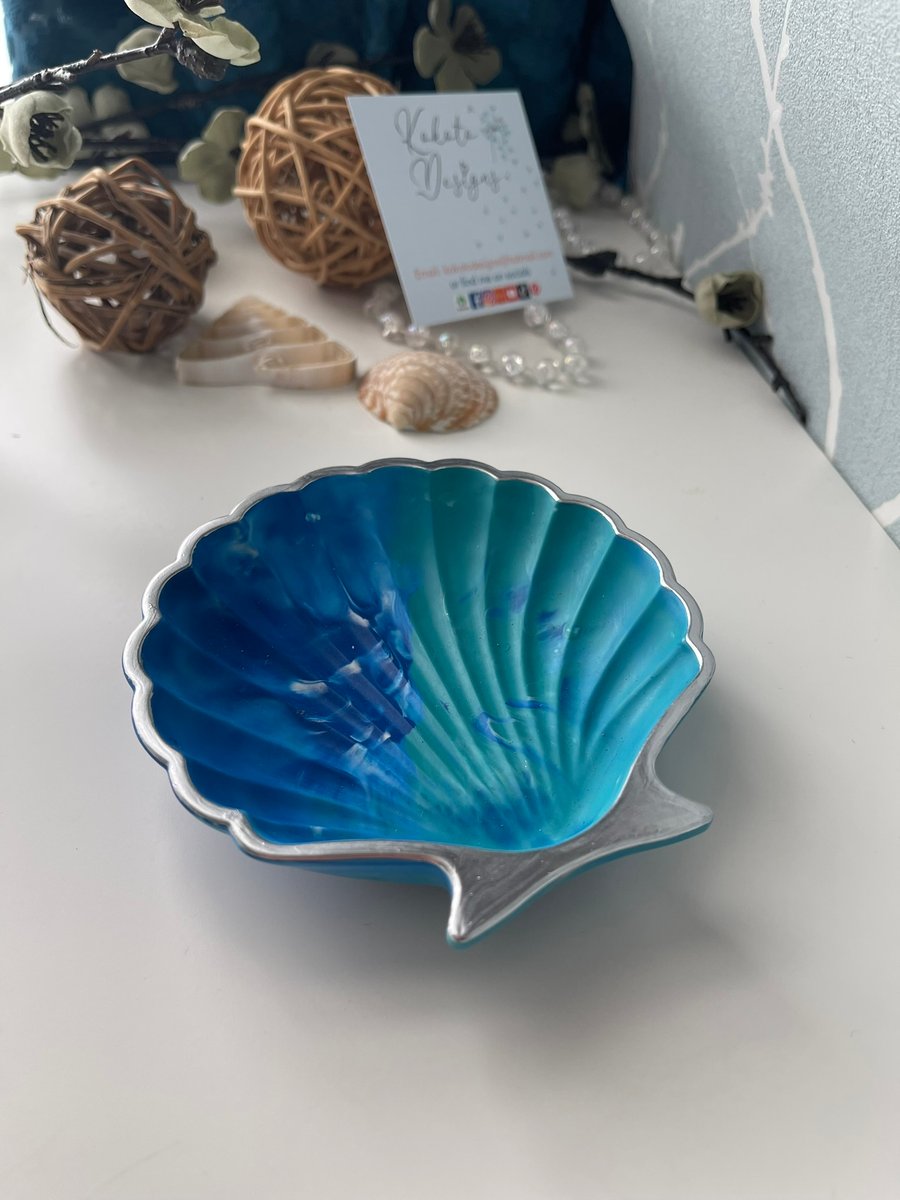 Handmade 10cm Shell Shaped Eco Resin Blue turquoise Trinket Tray Bowl Dish