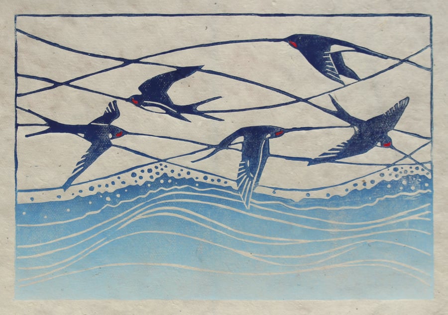 Swallows lino cut print