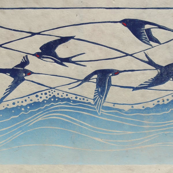 Swallows lino cut print