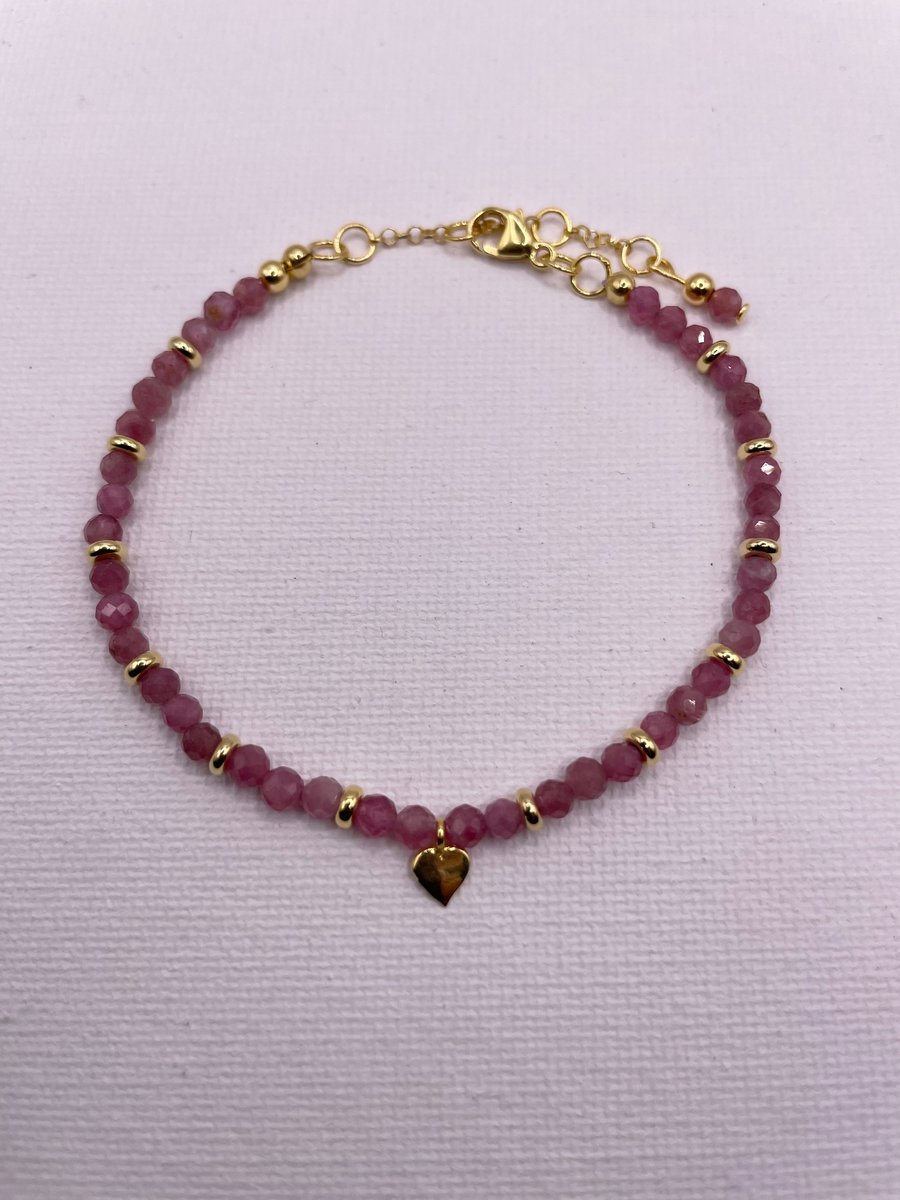 October birthstone - Pink tourmaline & heart charm bracelet