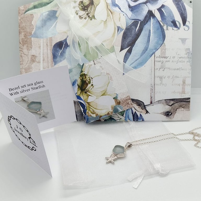 Sea glass with starfish pendant sterling silver bluey gray natural sea tumbled