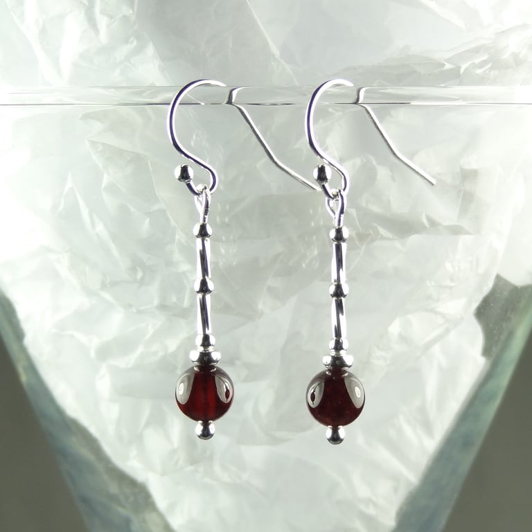 Garnet natural stone drop earrings, sterling silver, 6mm dark red 