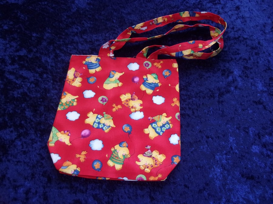 Red Fabric Bag with Colourful Playful Elephants
