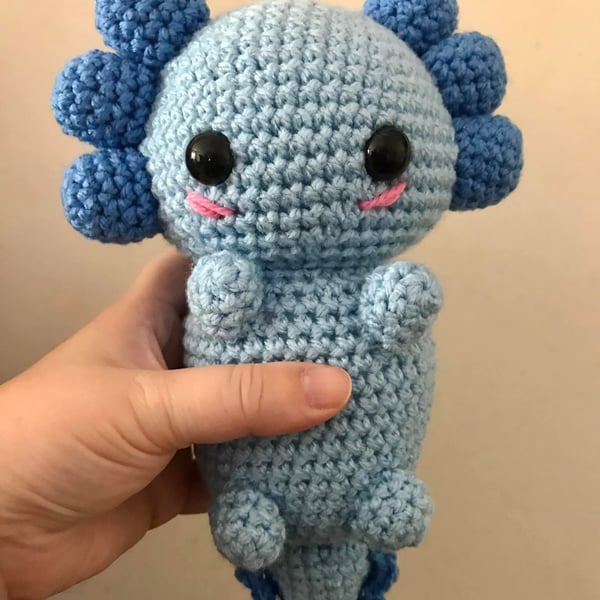 Spud the blue axolotl plush toy, amigurumi stuffie 