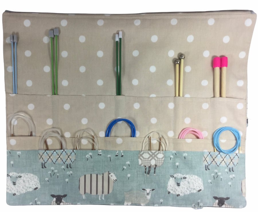 Straight and circular knitting needle case with blue sheep, knitting needle pouc