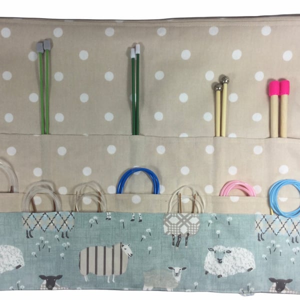 Straight and circular knitting needle case with blue sheep, knitting needle pouc