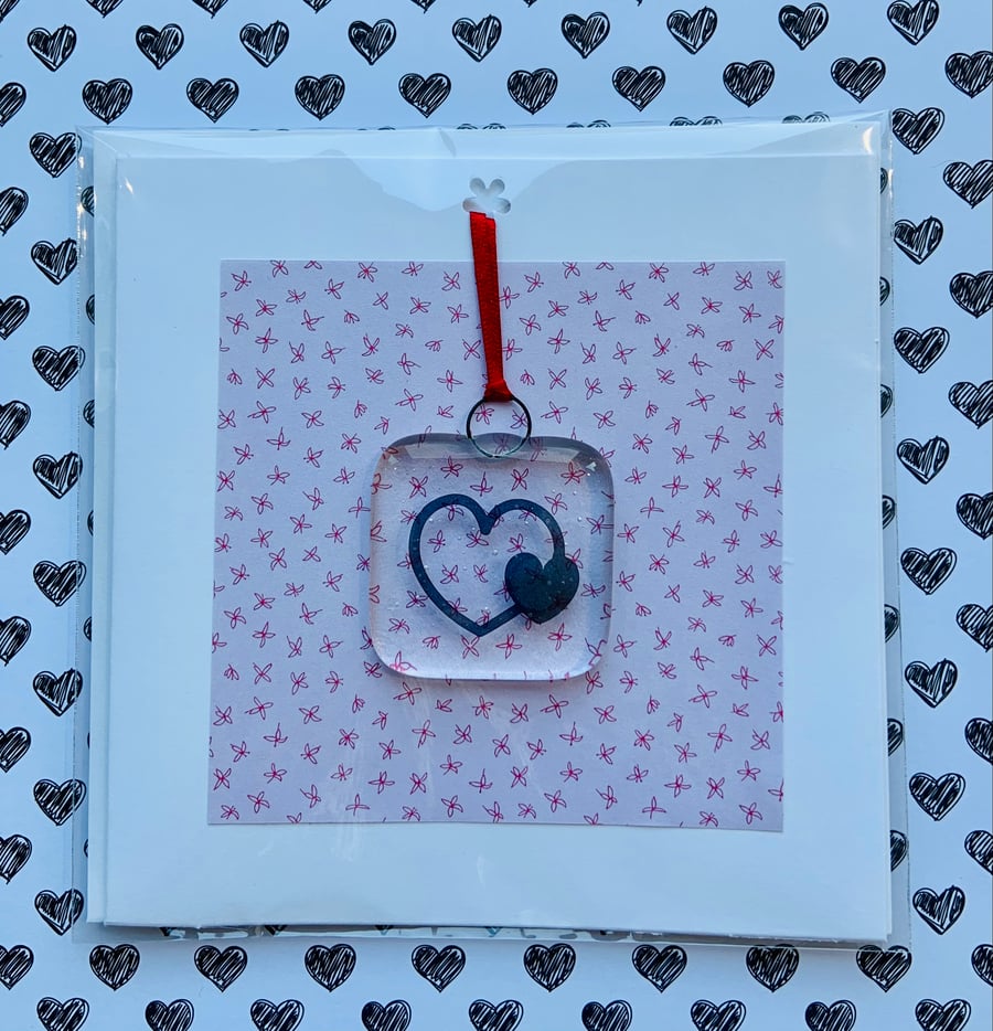 Greetings card with Fused Glass Heart Keepsake Decoration.