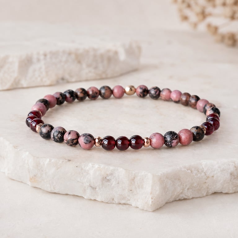 Black Line Rhodonite & Red Garnet bracelet - Handmade Gift