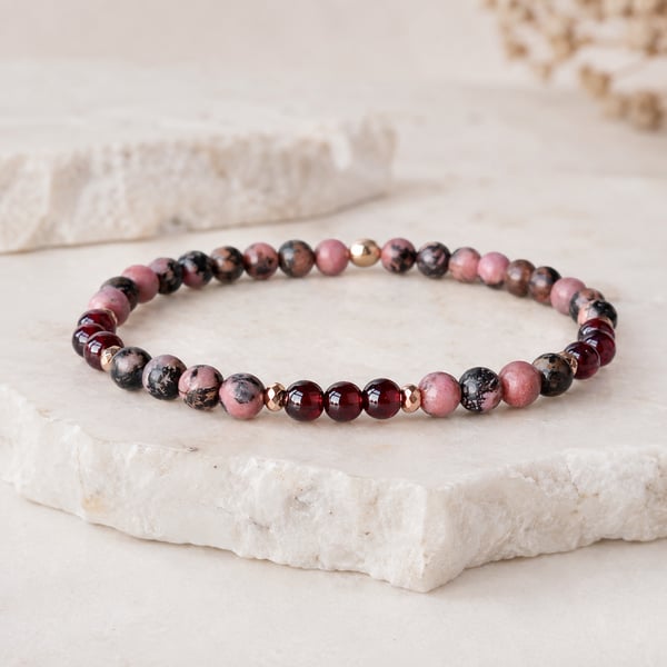 Black Line Rhodonite & Red Garnet bracelet - Handmade Gift