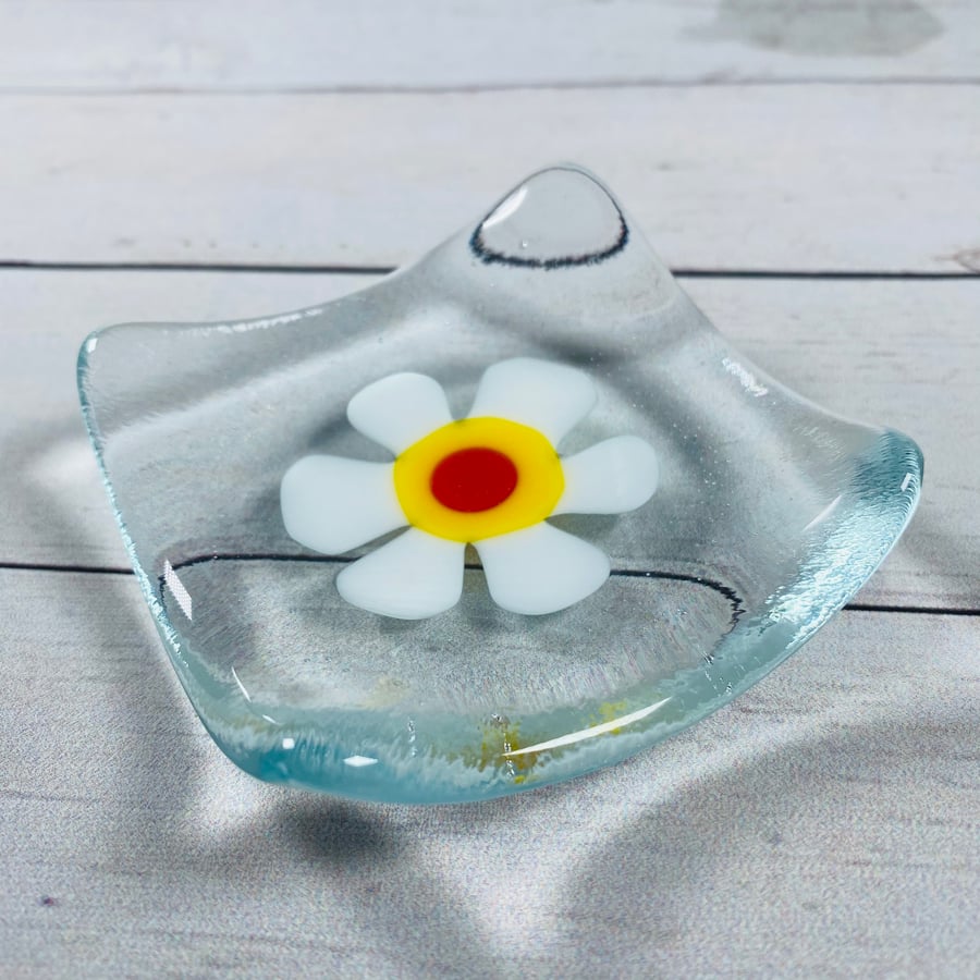 Retro style fused glass flower trinket dish . 