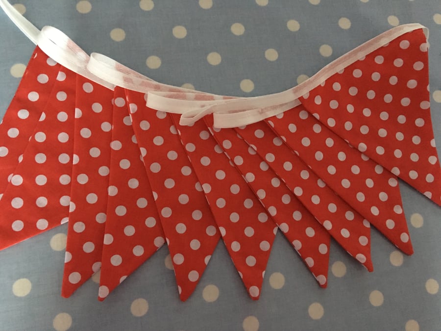 10 ft Red spotty cotton fabric bunting, banner, wedding,party flags