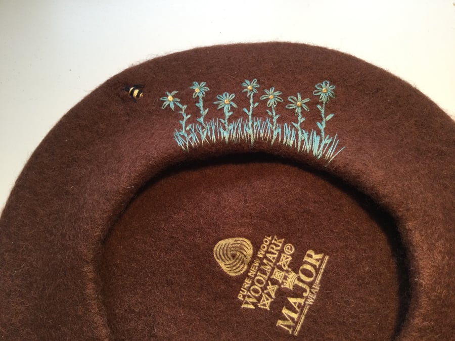 Chocolate Brown, Pure New Wool, Woolmark, Embroidered Beret.