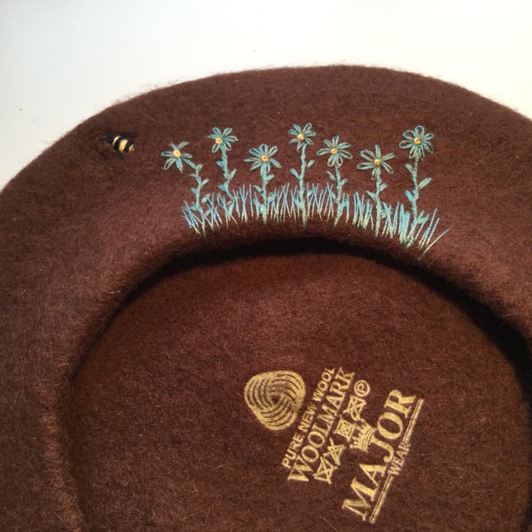 Chocolate Brown, Pure New Wool, Woolmark, Embroidered Beret.