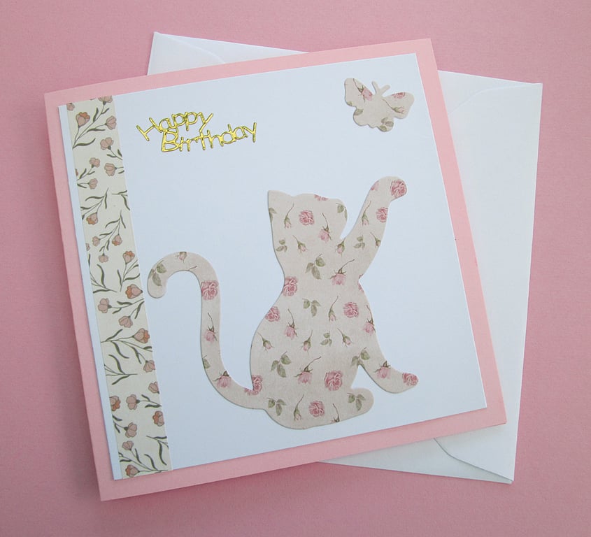 Pink floral cat and butterfly birthday card