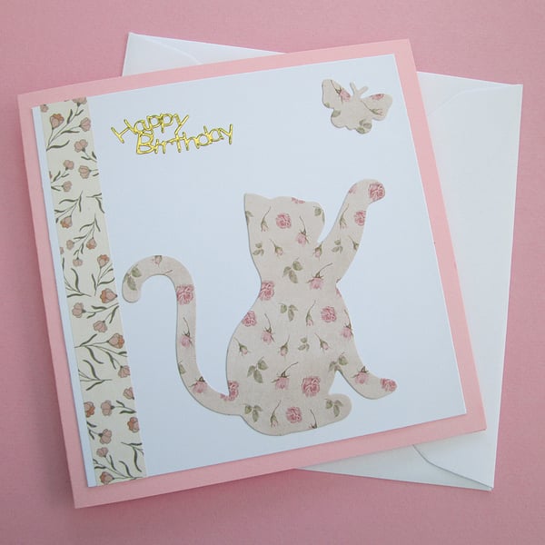 Pink floral cat and butterfly birthday card