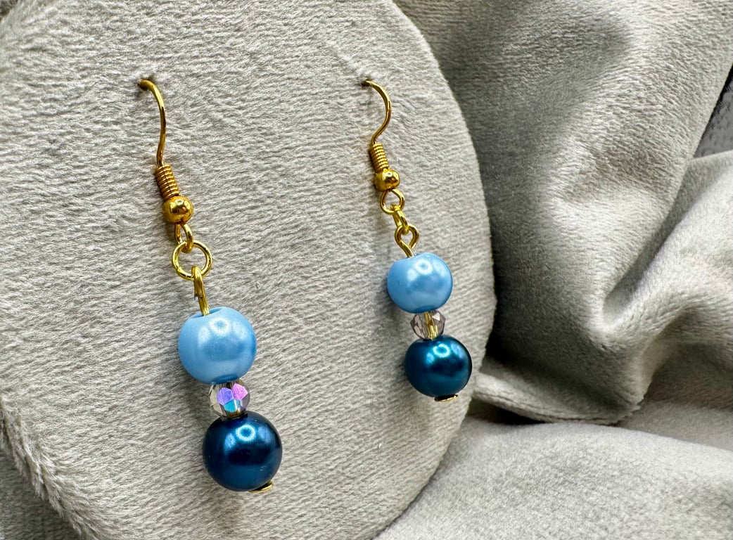 Blue and gold glass pearl earrings 