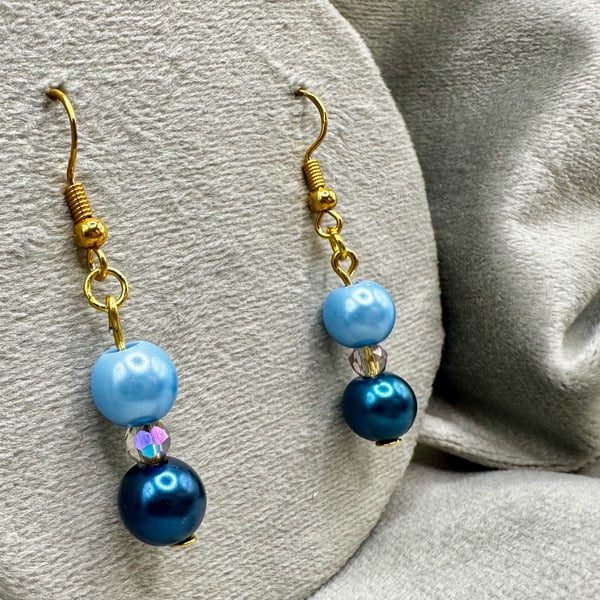 Blue and gold glass pearl earrings 