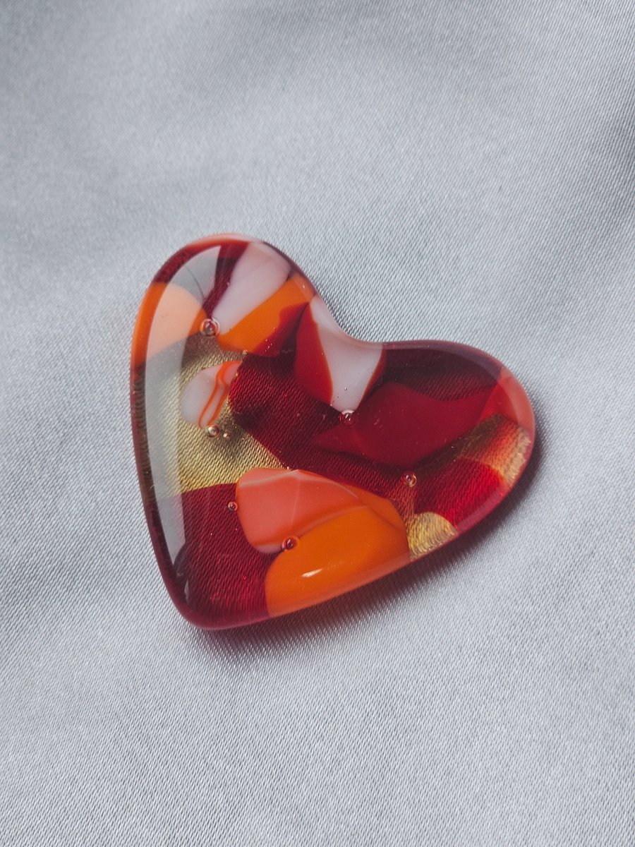 Fused Glass Pocket Heart - Deep red and coral
